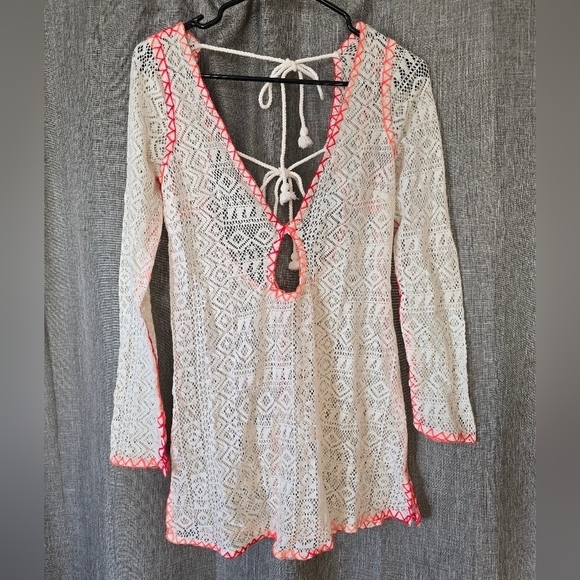 Out From Under Urban Outfitters Ivory Crochet Cover-Up Mini Dress Neon Hem XS - Picture 1 of 5